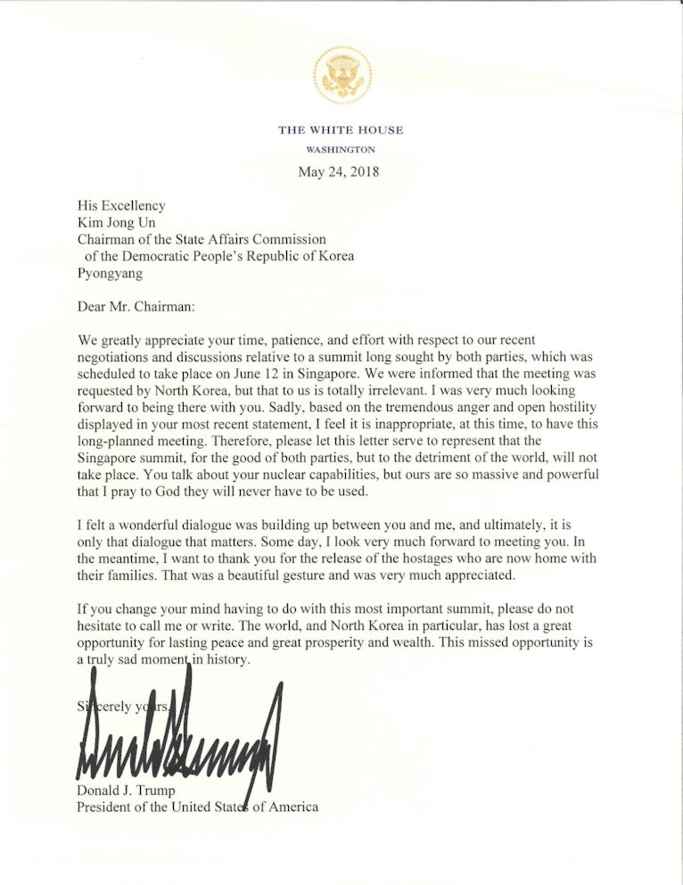 PHOTO: Letter from President Donald Trump to North Korean President Kim Jong Un cancelling their summit. 