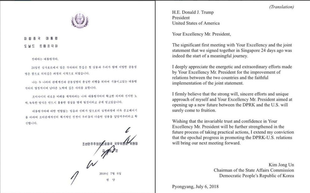 PHOTO: This combination of pictures created July 12, 2018 shows the letter dated July 6, 2018 from North Korea's leader Kim Jong Un to President Donald Trump, released July 12, 2018 by Trump via Twitter.