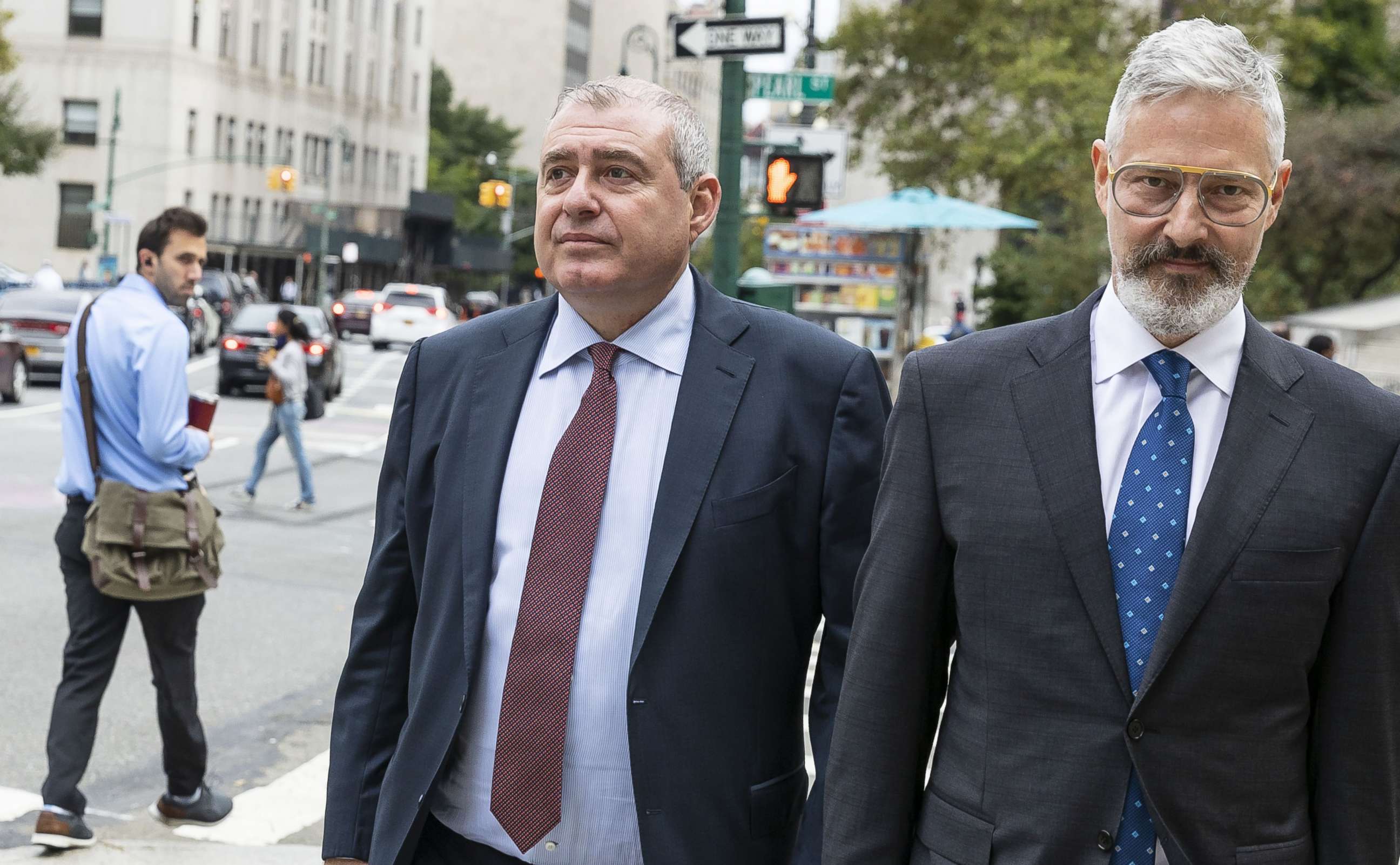 PHOTO: Businessman Lev Parnas and his attorney, Joseph Bondy, arrive for the first day of Parnas' trial on campaign finance charges at United States Federal Courthouse in New York, Oct. 12, 2021.