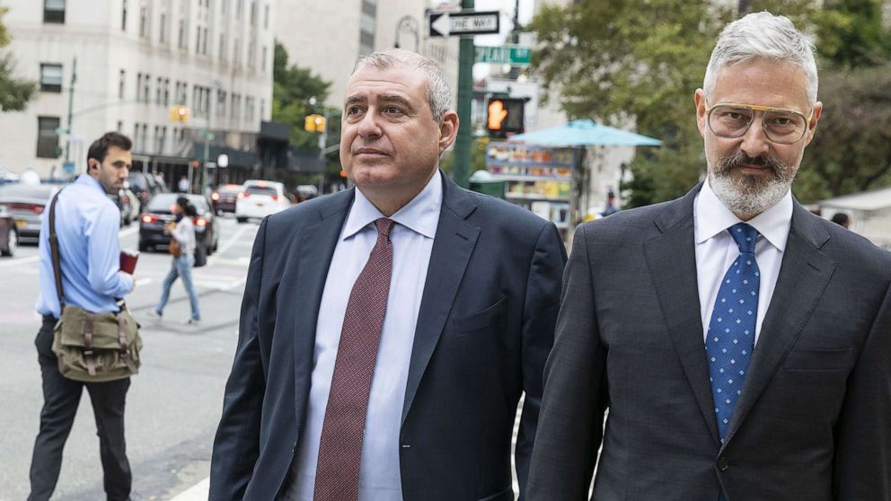 PHOTO: Businessman Lev Parnas and his attorney, Joseph Bondy, arrive for the first day of Parnas' trial on campaign finance charges at United States Federal Courthouse in New York, Oct. 12, 2021.