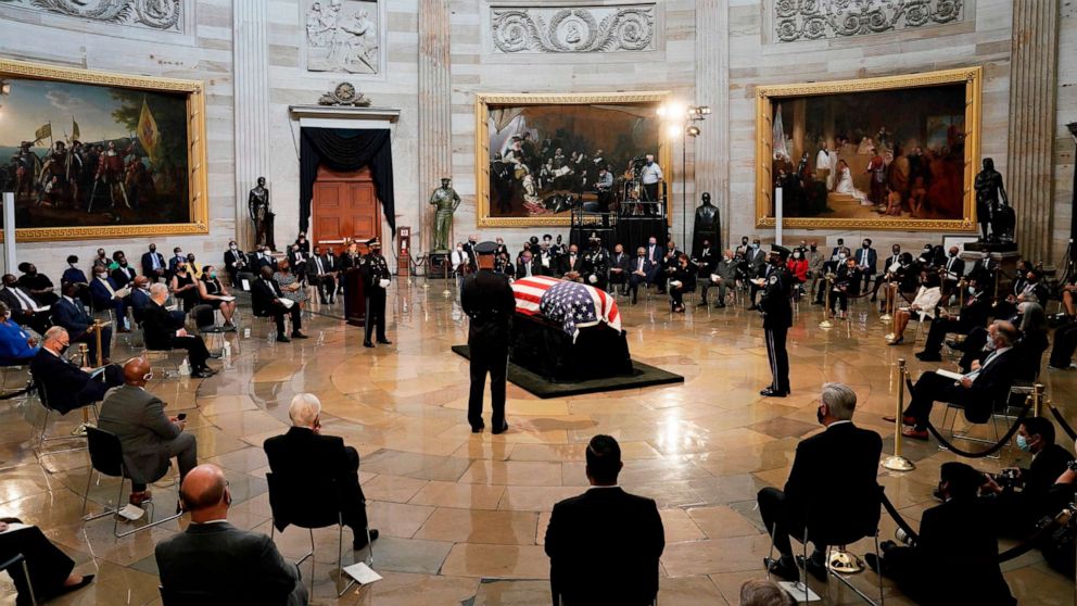 PHOTO: The flag-draped casket of the late Rep. John Lewis, D-GA, a key figure in the civil rights movement and a 17-term congressman from Georgia, lies in state in the Rotunda of the Capitol, July 27, 2020. 