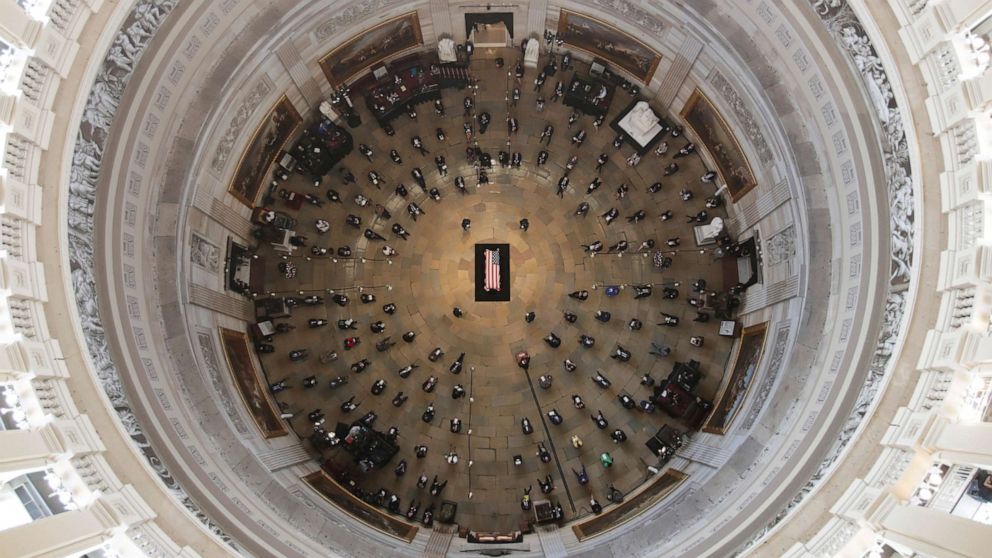 PHOTO: A Congressional memorial service is held for longtime U.S. Representative John Lewis (D-GA), as Lewis lies in state at the center of the Capitol Rotunda in Washington, D.C., July 27, 2020. 