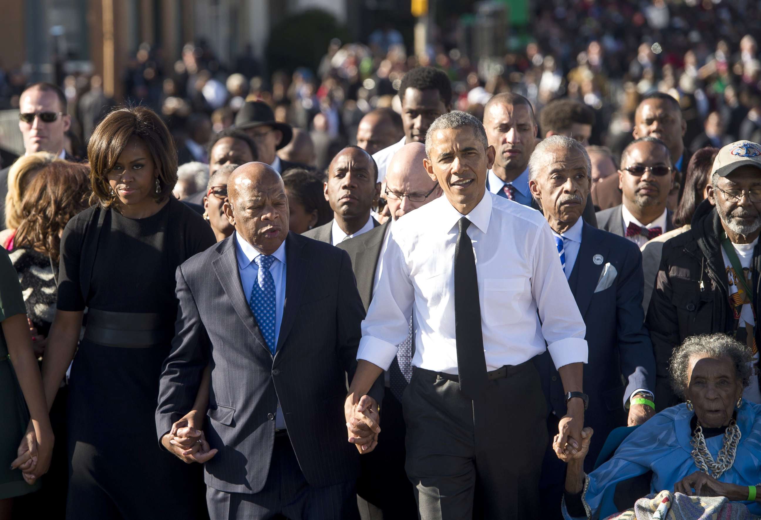 PHOTO: President Barack Obama walks alongside Rep. John Lewis, one of the original marchers, across the Edmund Pettus Bridge to mark the 50th Anniversary of the Selma to Montgomery civil rights marches in Selma, Ala., March 7, 2015. 