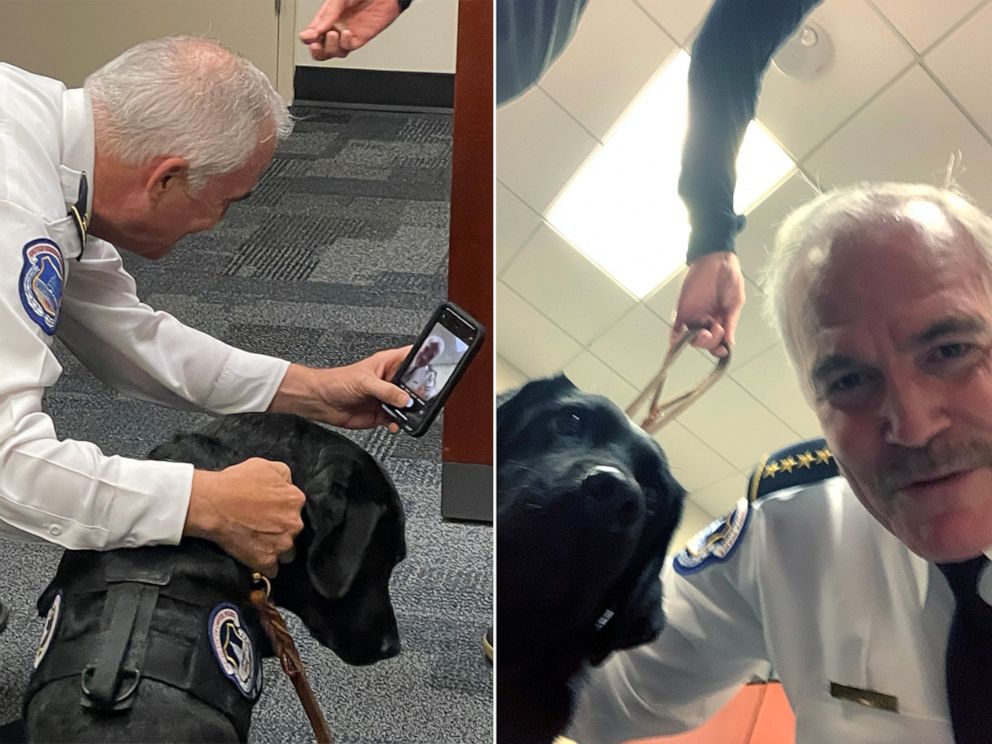 PHOTO: Capitol Police Police Chief J. Thomas Manger, pictured in a white uniform, takes a selfie with Lila.