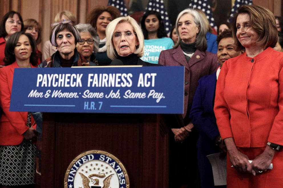 PHOTO: Women's equality activist Lilly Ledbetter speaks as U.S. Speaker of the House Rep. Nancy Pelosi, right, and other Democratic Congressional members listen during a news conference at the U.S. Capitol, Jan. 30, 2019 in Washington, D.C.