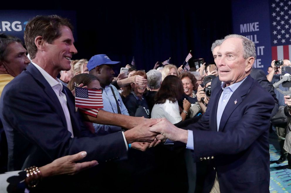 PHOTO: Democratic presidential candidate former New York City Mayor Mike Bloomberg shakes hands during a campaign rally in West Palm Beach, Fla., March 3, 2020.