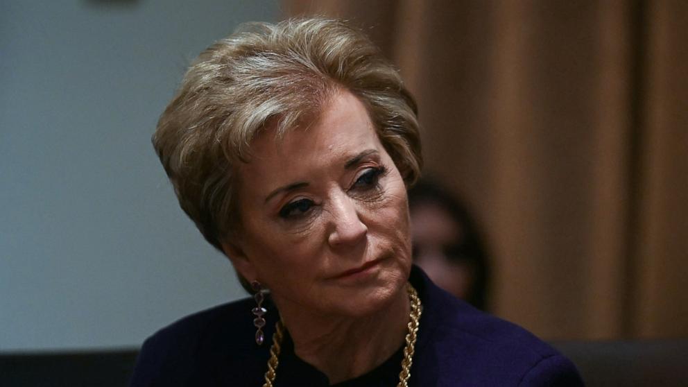 PHOTO: Secretary of Education nominee Linda McMahon listens as President Donald Trump speaks during a cabinet meeting at the White House in Washington, DC, Feb. 26, 2025. 
