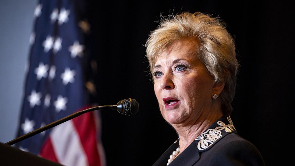 PHOTO: In this July 25, 2022, file photo, Linda McMahon, former administrator of the US Small Business Administration, speaks during the America First Policy Institute's America First Agenda summit in Washington, D.C.