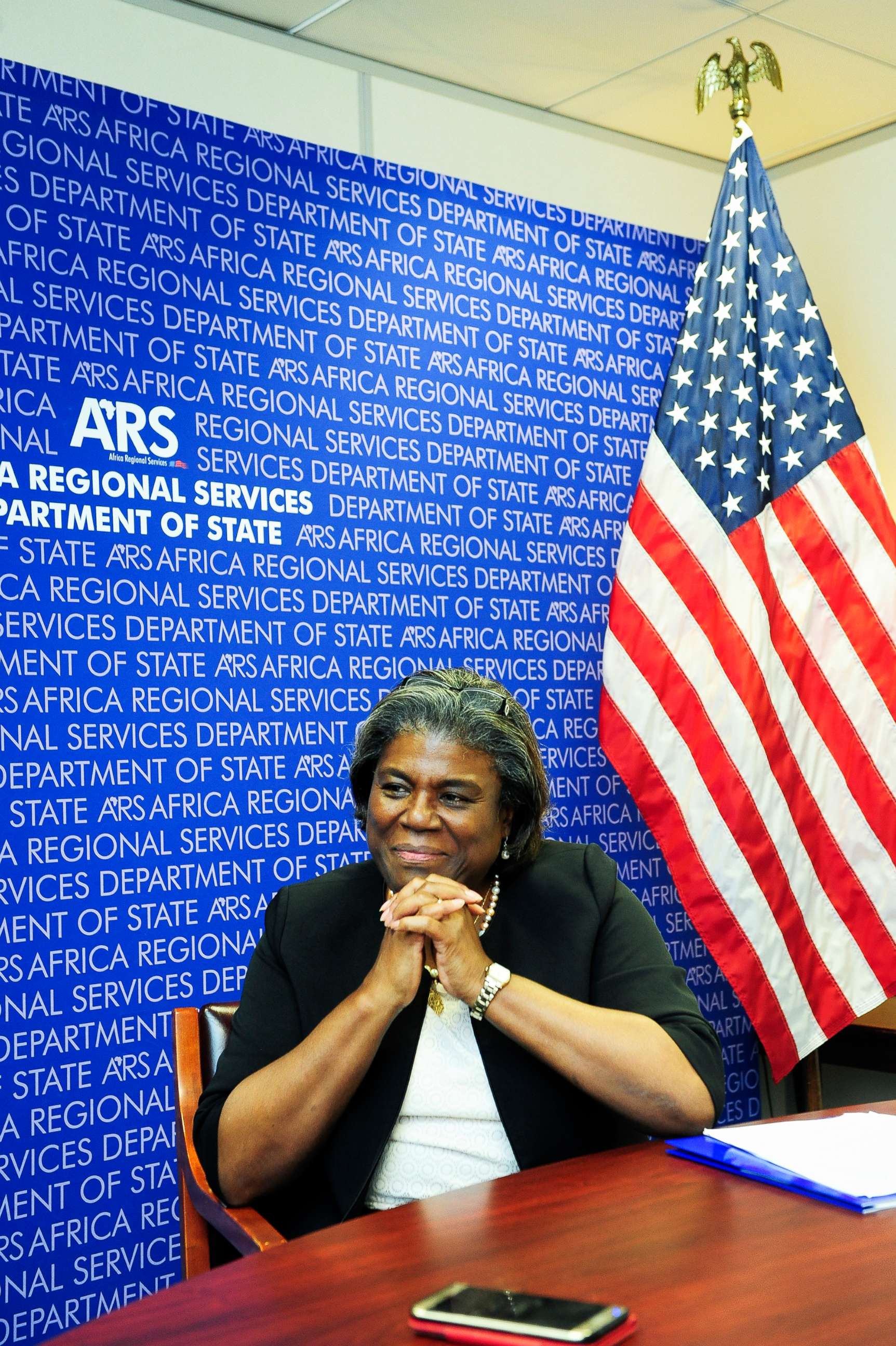 PHOTO:Linda Thomas-Greenfield Asst. Secretary of State for African Affairs attends a meeting at the Paris headquarters of Africa Regional Services, Oct. 26, 2016.