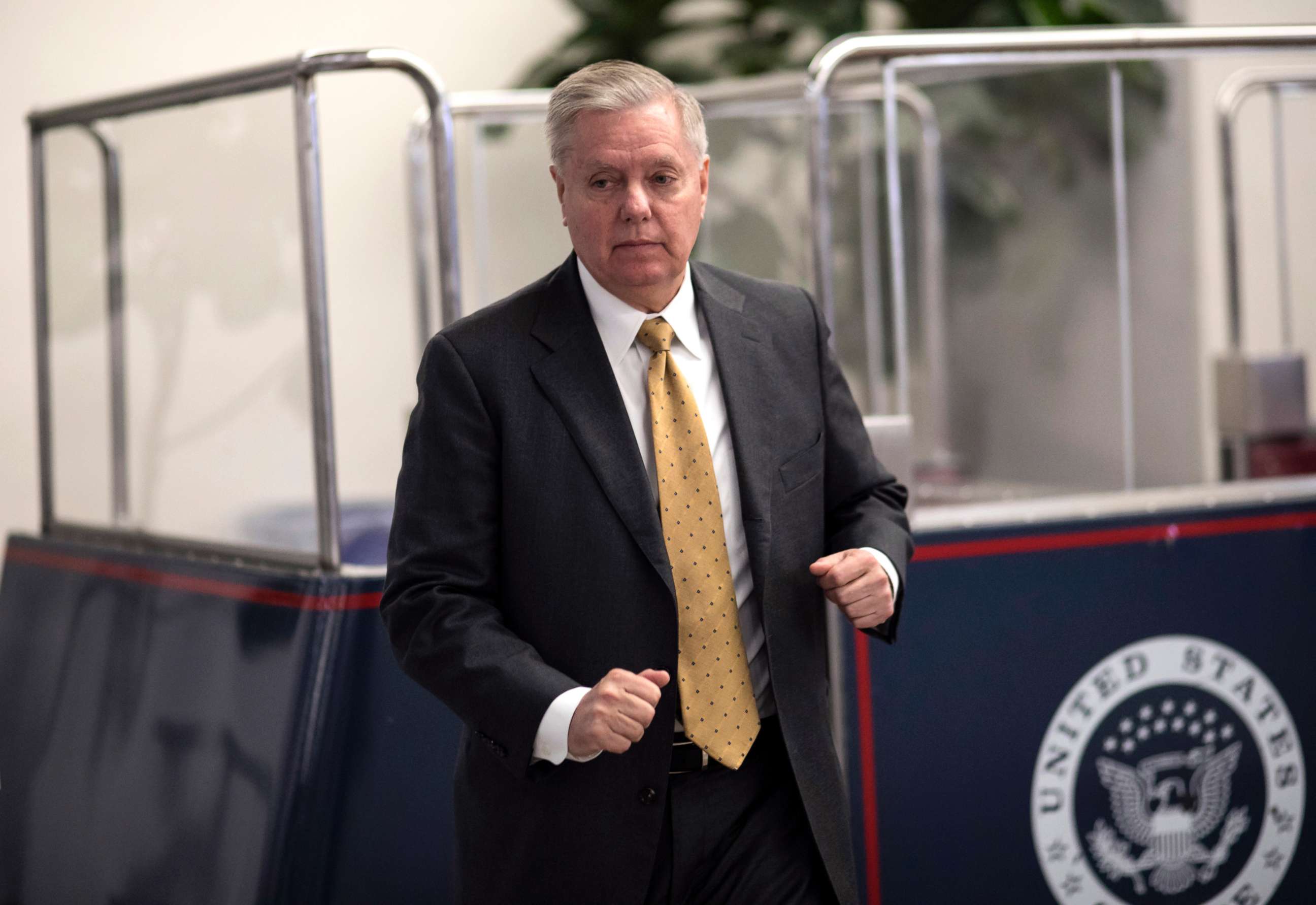 PHOTO: Sen. Lindsey Graham arrives to vote on the confirmation of Samuel Brownback, governor of Kansas and a former U.S. senator, to become the ambassador-at-large for international religious freedom, at the Capitol in Washington, D.C., Jan. 24, 2018.