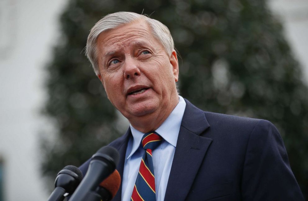 PHOTO: Sen. Lindsey Graham speaks to members of the media outside the West Wing of the White House in Washington after his meeting with President Donald Trump, Dec. 30, 2018.
