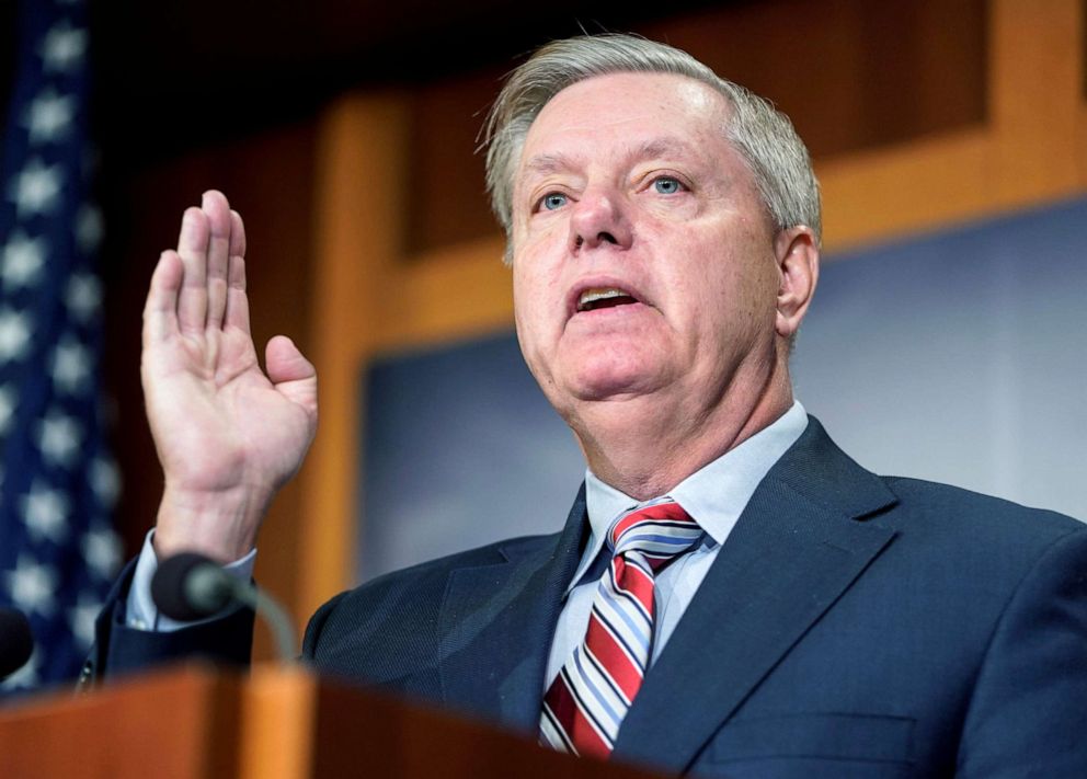 PHOTO: Chairman of the Senate Judiciary Committee Lindsey Graham speaks to the media on Capitol Hill in Washington, March 25, 2019.