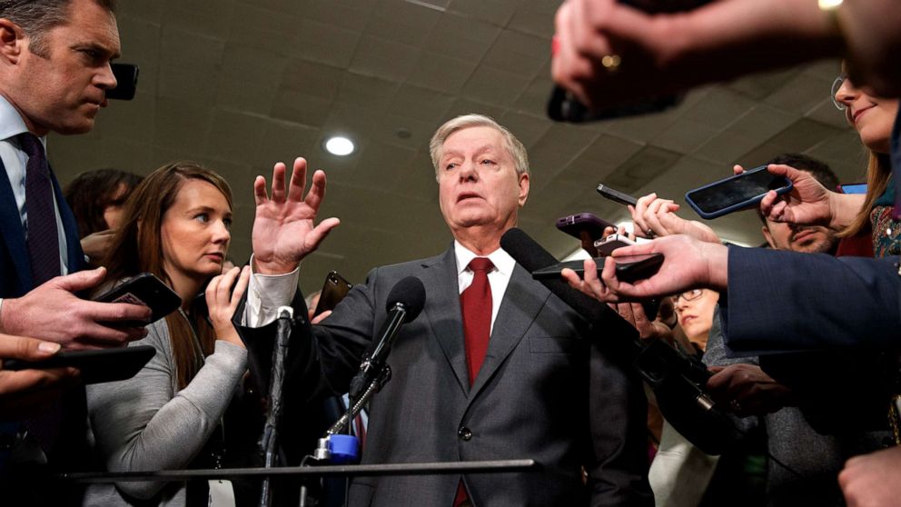 PHOTO: Sen. Lindsey Graham speaks to the media before attending the impeachment trial of President Donald Trump on charges of abuse of power and obstruction of Congress, Jan. 23, 2020, on Capitol Hill in Washington.