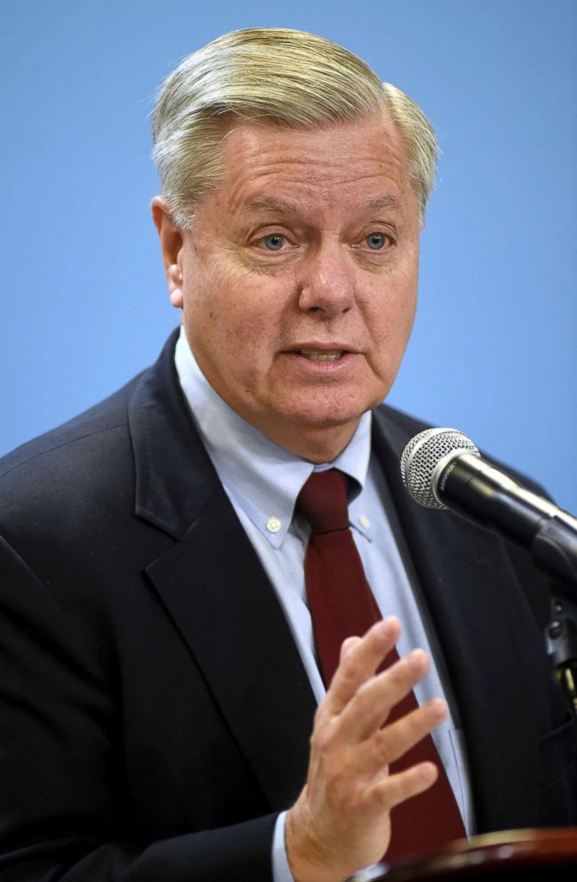 PHOTO: South Carolina Sen. Lindsey Graham speaks to a group of workers during a visit to the Savannah River Site and Savannah River National Laboratory near Jackson, S.C., Feb. 2, 2018.