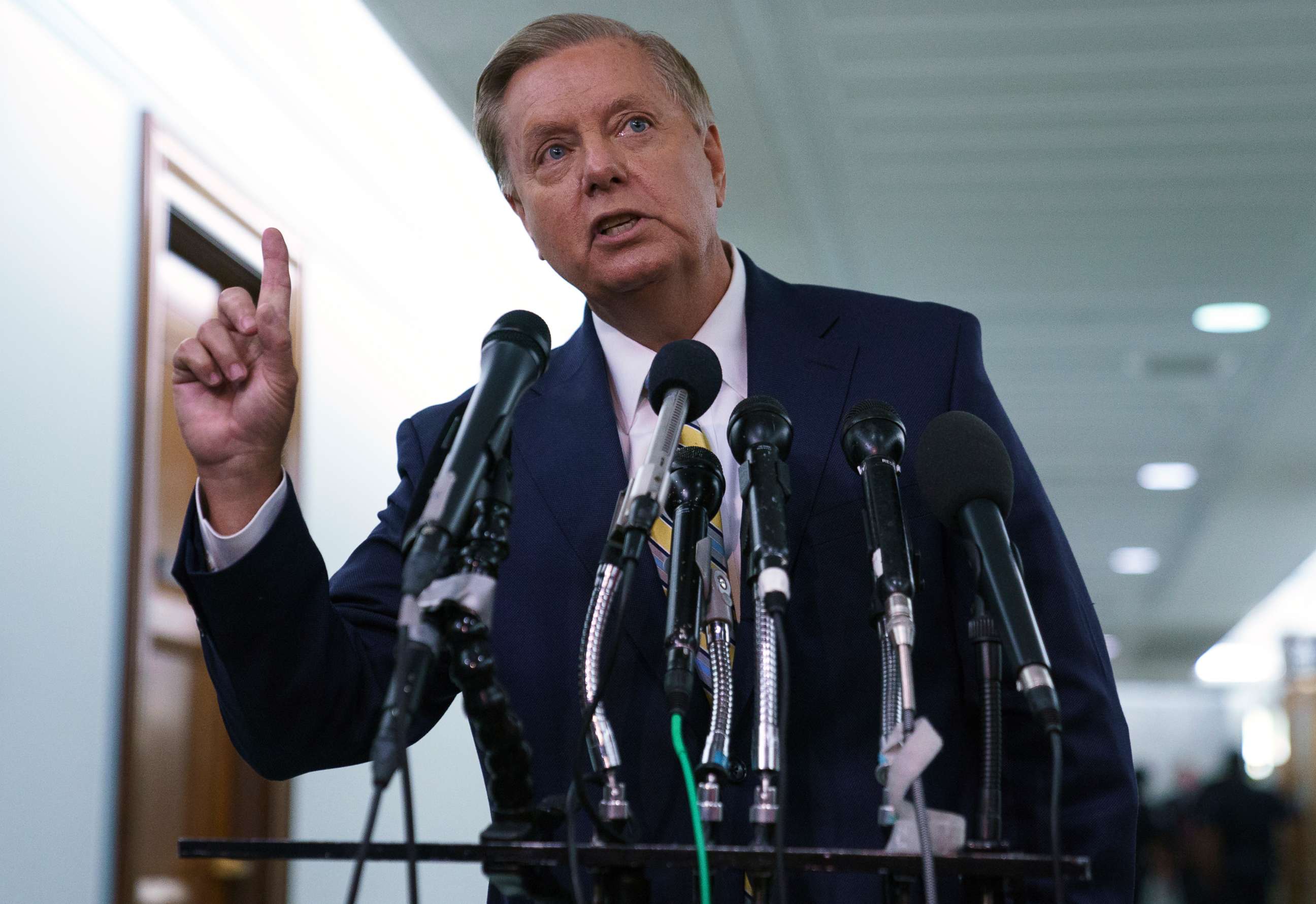 PHOTO: Senate Judiciary Committee member Sen. Lindsey Graham speaks to media about the Senate Judiciary Committee hearing on Judge Brett Kavanaugh on Capitol Hill in Washington, Sept. 28, 2018.