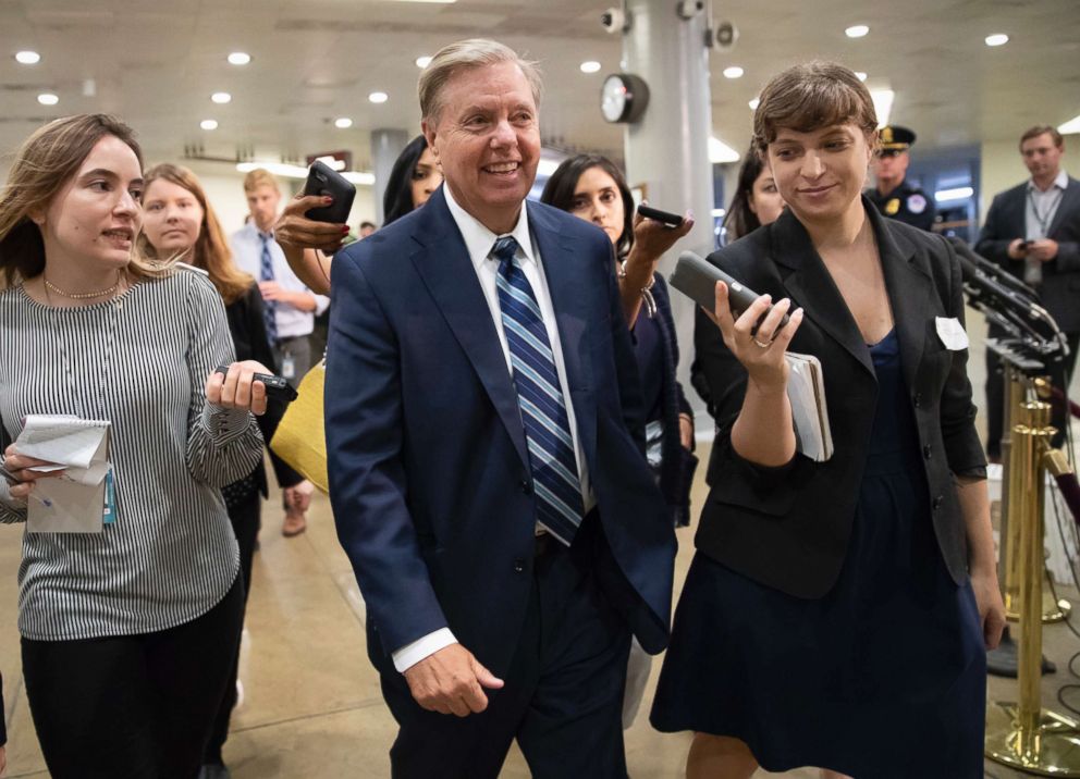 PHOTO: Sen. Lindsey Graham, chairman of the Subcommittee on Crime and Terrorism, heads to a closed-door briefing to update lawmakers on cyber attacks on the U.S. election system, at the Capitol in Washington, Aug. 22, 2018.