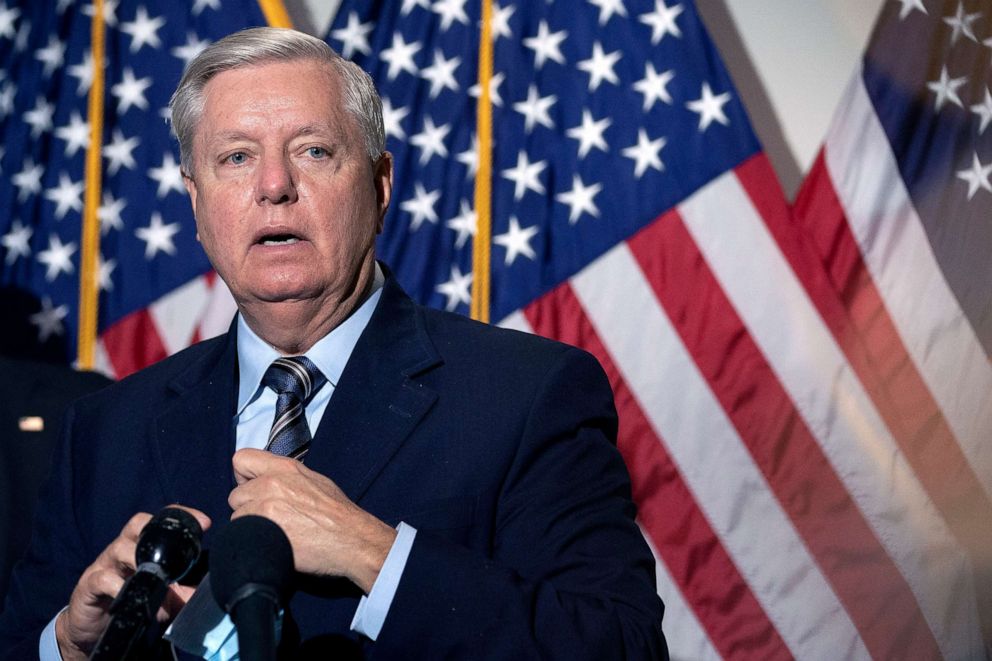 PHOTO: Chairman of the Judiciary Committee Sen. Lindsey Graham speaks during a news conference regarding court packing on Capitol Hill on Oct. 21, 2020, in Washington, DC.