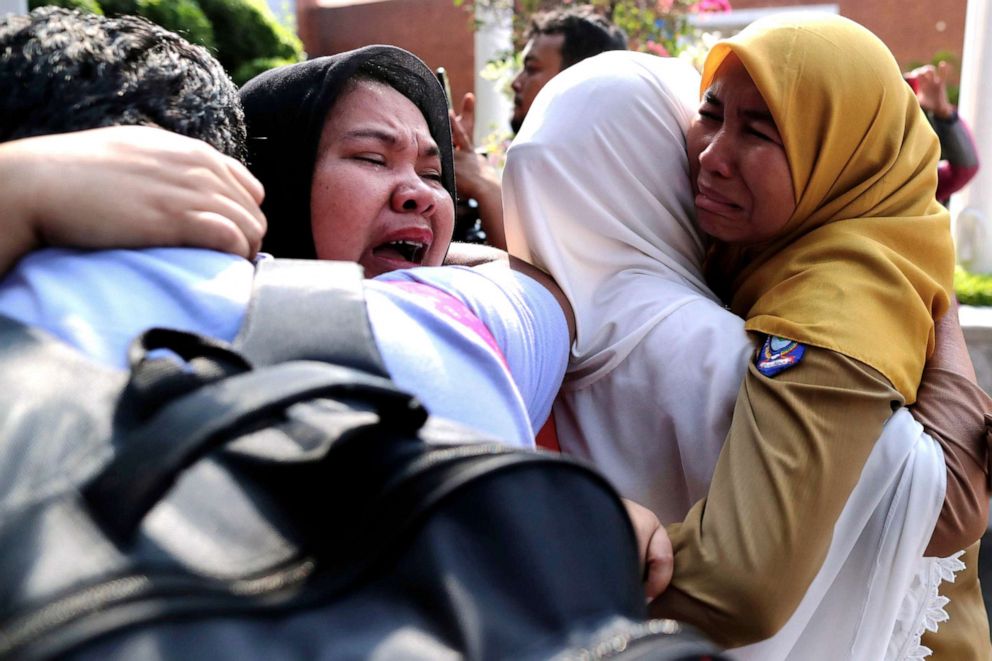 PHOTO: Indonesian relatives of plane crash victims cry as they wait for news at Sukarno Hatta Airport, in Jakarta, Indonesia, Oct. 29, 2018.