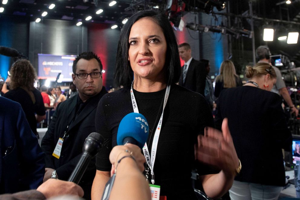 PHOTO: Democratic presidential hopeful Pete Buttigieg's spokesperson Lis Smith speaks to the press in Miami, June 27, 2019.