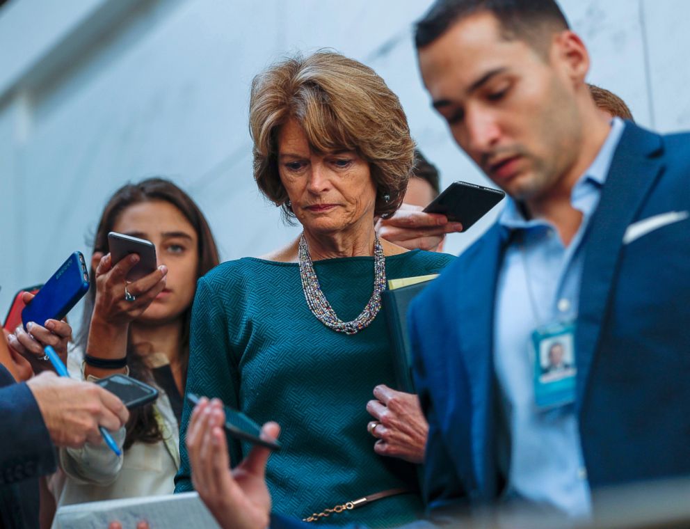 PHOTO: Republican Senator from Alaska Lisa Murkowski is surrounded by the media before viewing documents in the Senate Sensitive Compartmented Information Facility (SCIF) in the U.S. Capitol in Washington, D.C.,  Oct. 04, 2018. 