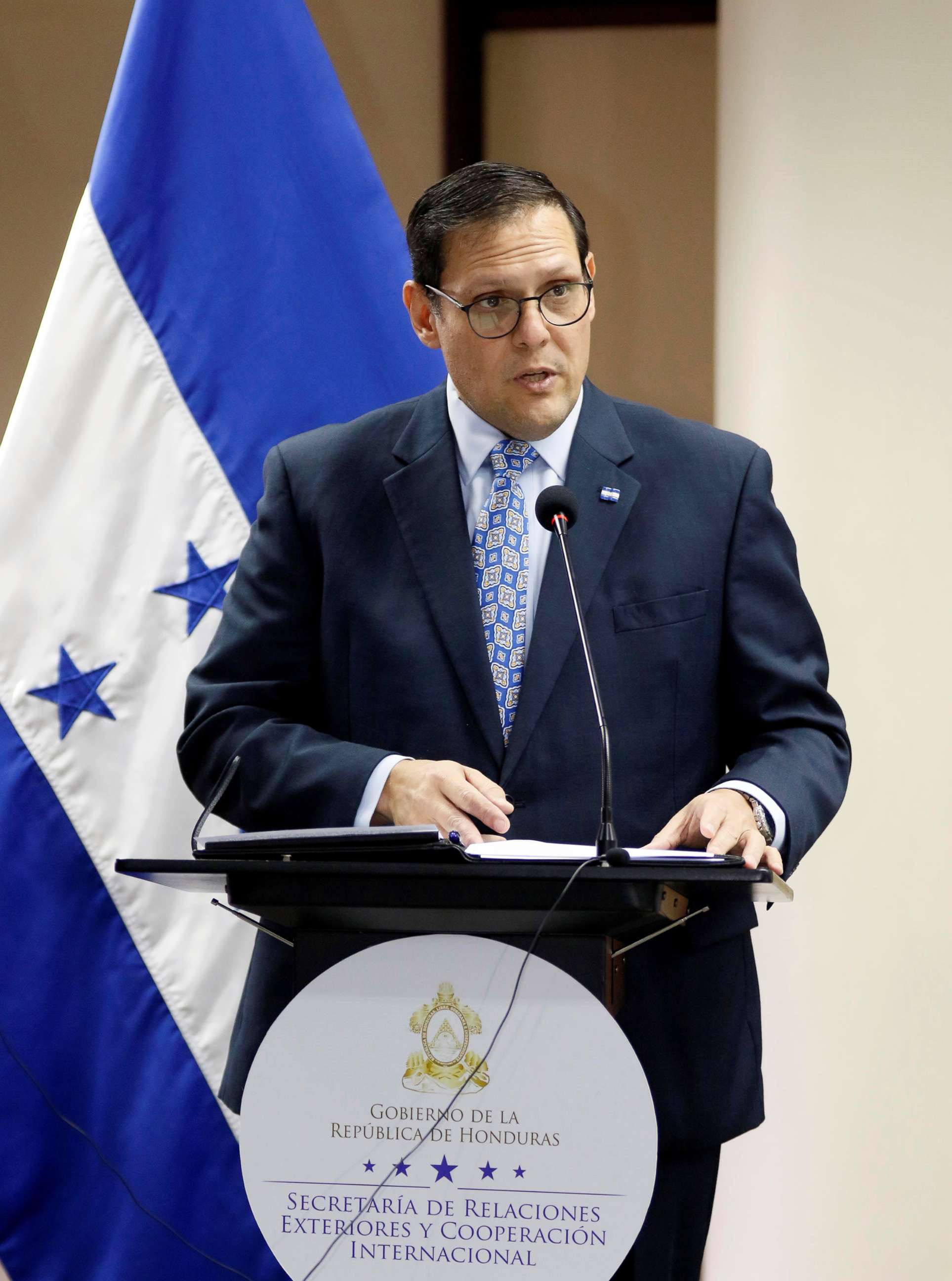 PHOTO: Honduran Foreign Minister Lisandro Rosales speaks during a meeting with executives of Azunoza to sign an agreement to give jobs to 100 Honduran migrants that returned from USA and Mexico, in Tegucigalpa, Honduras, Sept. 17, 2019.