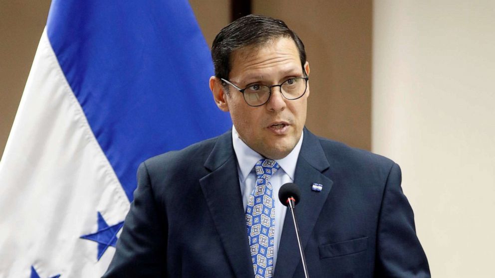 PHOTO: Honduran Foreign Minister Lisandro Rosales speaks during a meeting with executives of Azunoza to sign an agreement to give jobs to 100 Honduran migrants that returned from USA and Mexico, in Tegucigalpa, Honduras, Sept. 17, 2019.