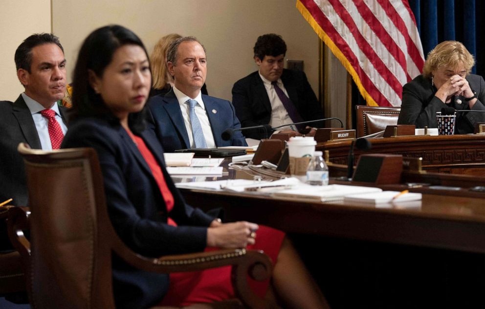 PHOTO: From left, Rep. Pete Aguilar, Rep. Stephanie Murphy, Rep. Adam Schiff, and Rep. Zoe Lofgren, listen during the Select Committee investigation of the Jan. 6, 2021, attack on the U.S. Capitol, July 27, 2021, in Washington, D.C. 
