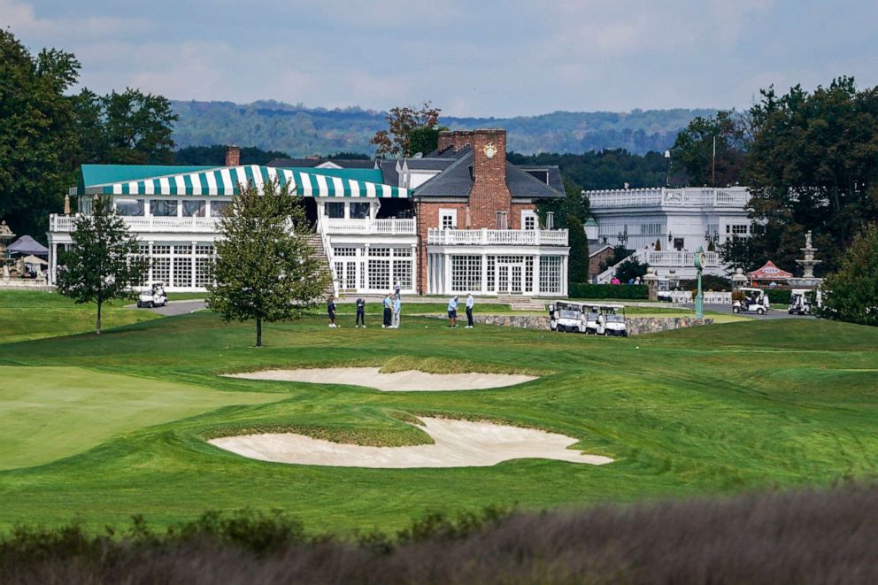 PHOTO: Golfers gather at Trump National Golf Club in Bedminster, N.J., on Oct. 2, 2020.