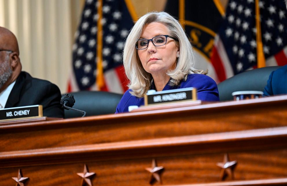 PHOTO: Rep. Liz Cheney, R-Wyo., is seen as the January 6th Committee meets for its final session at the Cannon House Office Building on Capitol Hill, Dec. 19, 2022, in Washington.