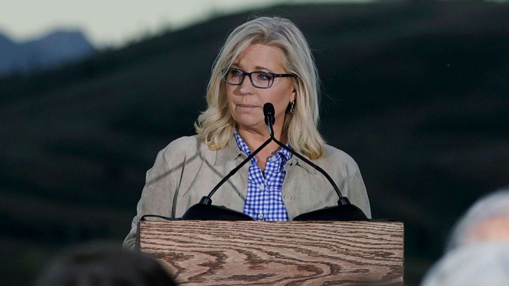 PHOTO: Rep. Liz Cheney speaks, Aug. 16, 2022, at a primary Election Day gathering at Mead Ranch in Jackson, Wyo.