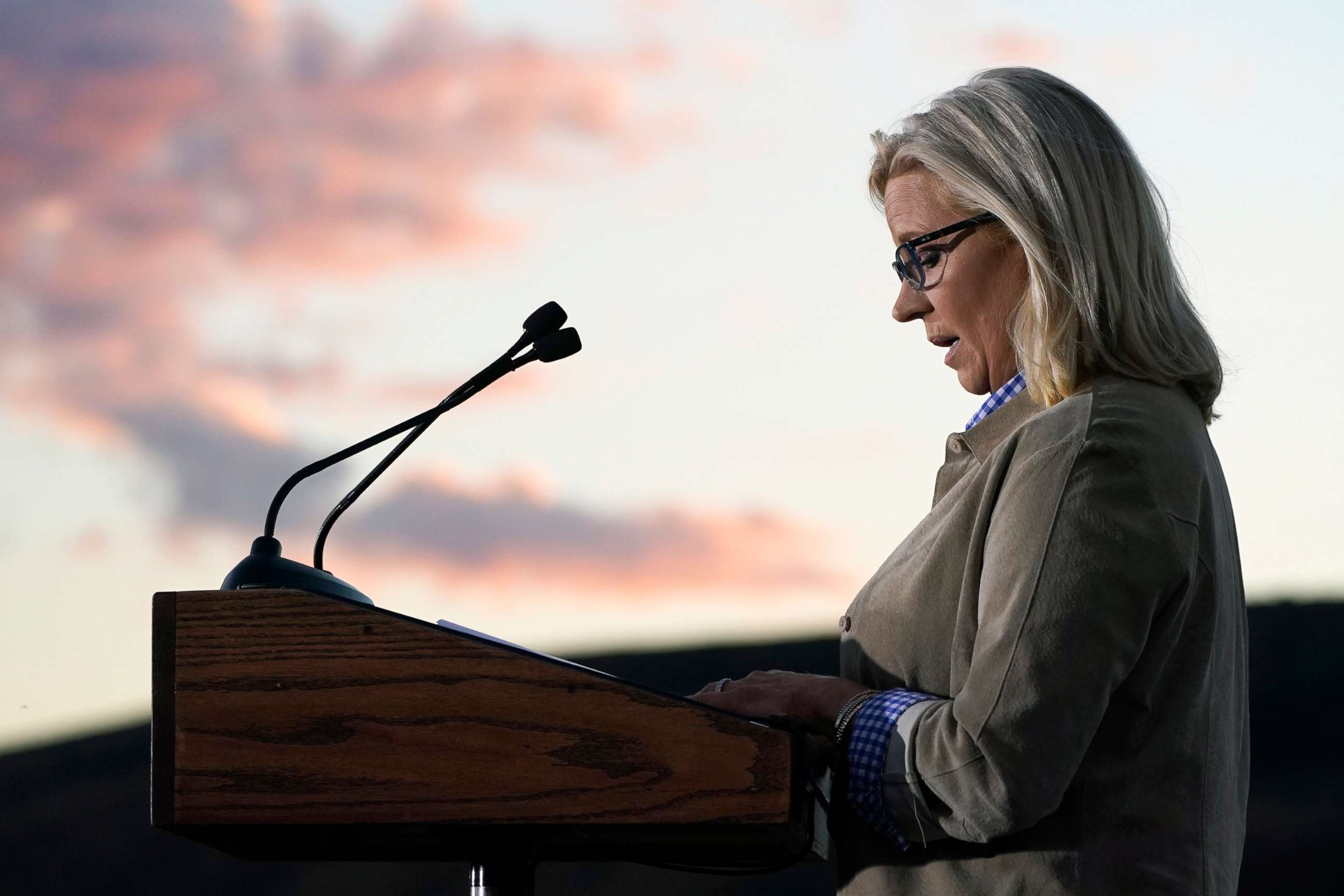 PHOTO: Rep. Liz Cheney speaks Aug. 16, 2022, at a primary Election Day gathering in Jackson, Wyo.