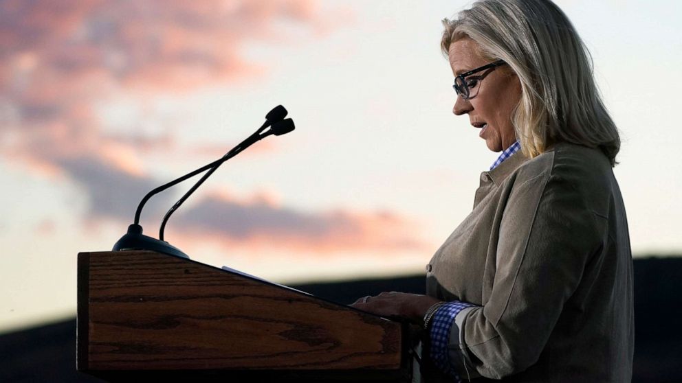 PHOTO: Rep. Liz Cheney speaks Aug. 16, 2022, at a primary Election Day gathering in Jackson, Wyo.