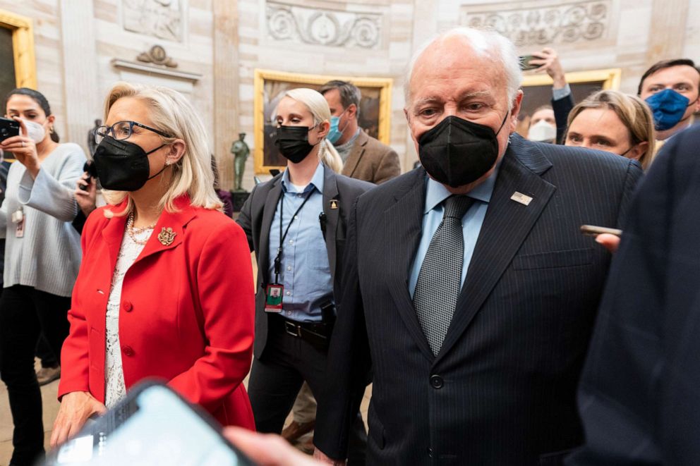 PHOTO: Former Vice President Dick Cheney walks with his daughter Rep. Liz Cheney in the Capitol Rotunda at the Capitol in Washington, Jan. 6, 2022.