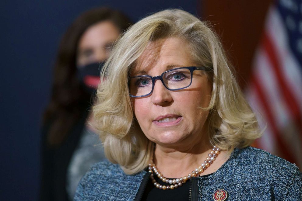 PHOTO: Rep. Liz Cheney speaks with reporters following a GOP strategy session on Capitol Hill in Washington, April 20, 2021.