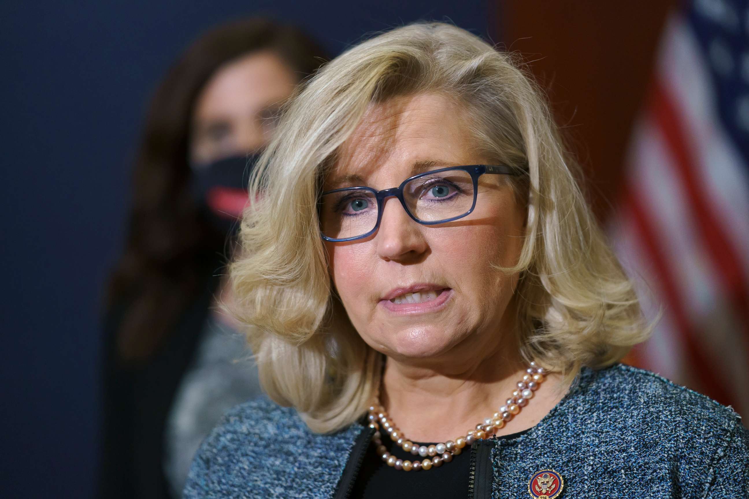 PHOTO: Rep. Liz Cheney speaks with reporters following a GOP strategy session on Capitol Hill in Washington, April 20, 2021.