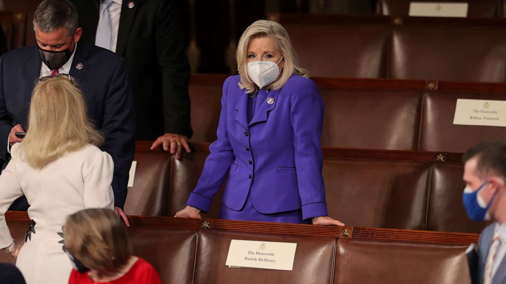 PHOTO: House Republican Conference Chair Rep. Liz Cheney, R-Wyo., waits for President Joe Biden to deliver his first address to a joint session of Congress on April 28, 2021.