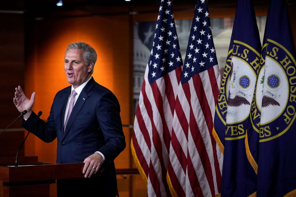 PHOTO: House Minority Leader Kevin McCarthy speaks during his weekly news conference at the Capitol, April 22, 2021.