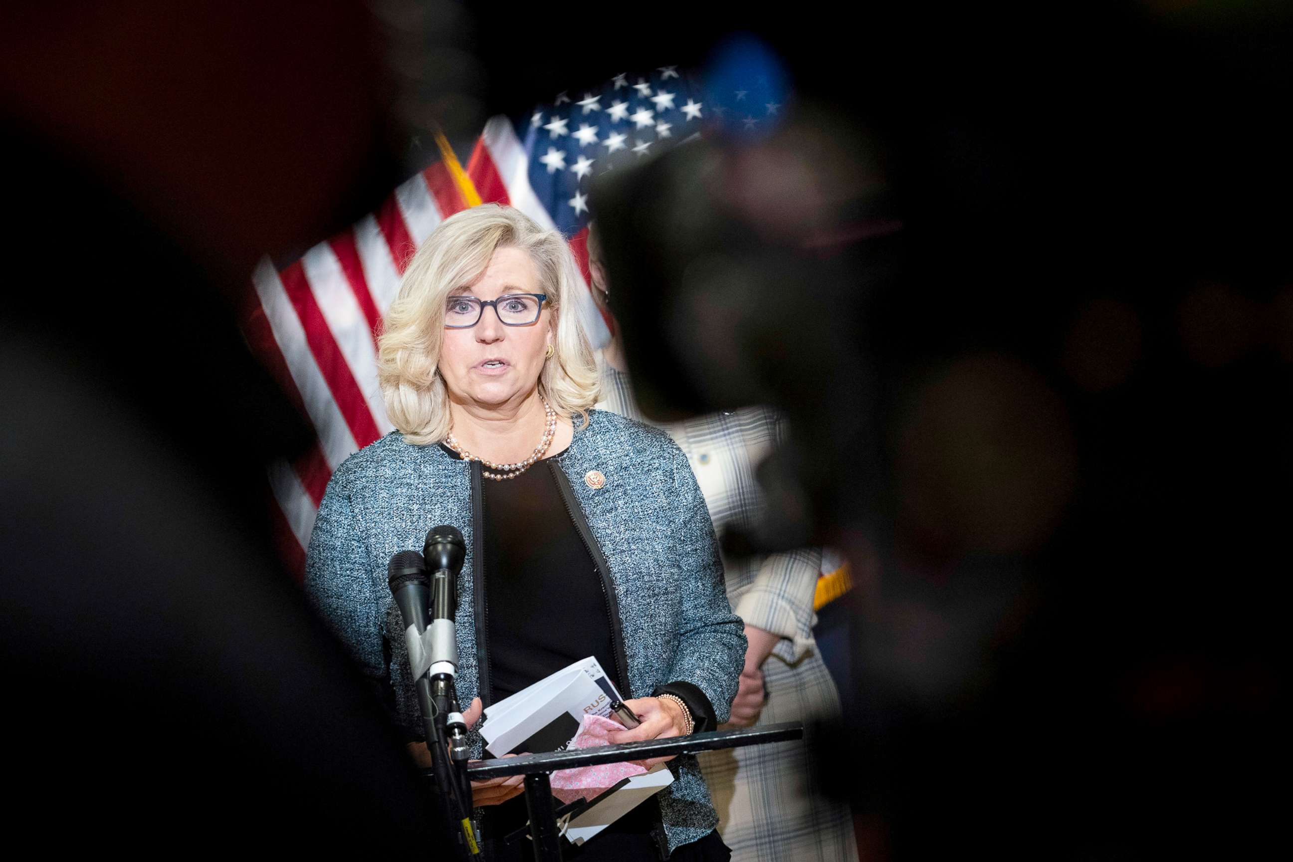 PHOTO: Rep. Liz Cheney speaks during a press conference following a House Republican caucus meeting on Capitol Hill on April 20, 2021.