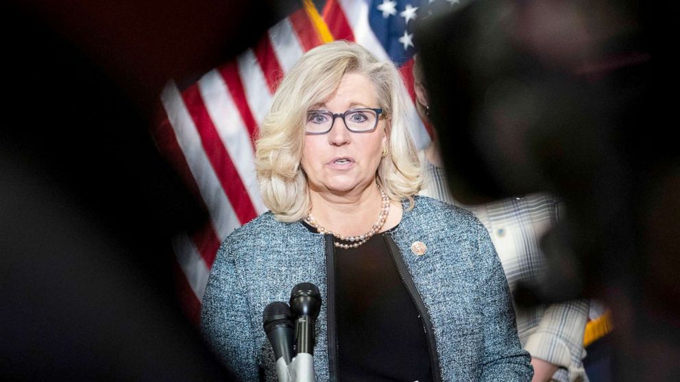 PHOTO: Rep. Liz Cheney speaks during a press conference following a House Republican caucus meeting on Capitol Hill on April 20, 2021.