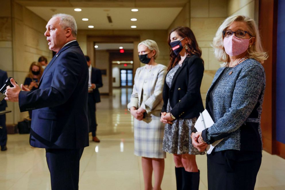 Reps. Liz Cheney, R-Wyo., Victoria Spartz, R-Ind., and Nancy Mace, R-S.C., stand behind Rep. Steve Scalise, R-La., as he addresses reporters following a weekly House Republican caucus meeting in Washington on April 20, 2021. 
