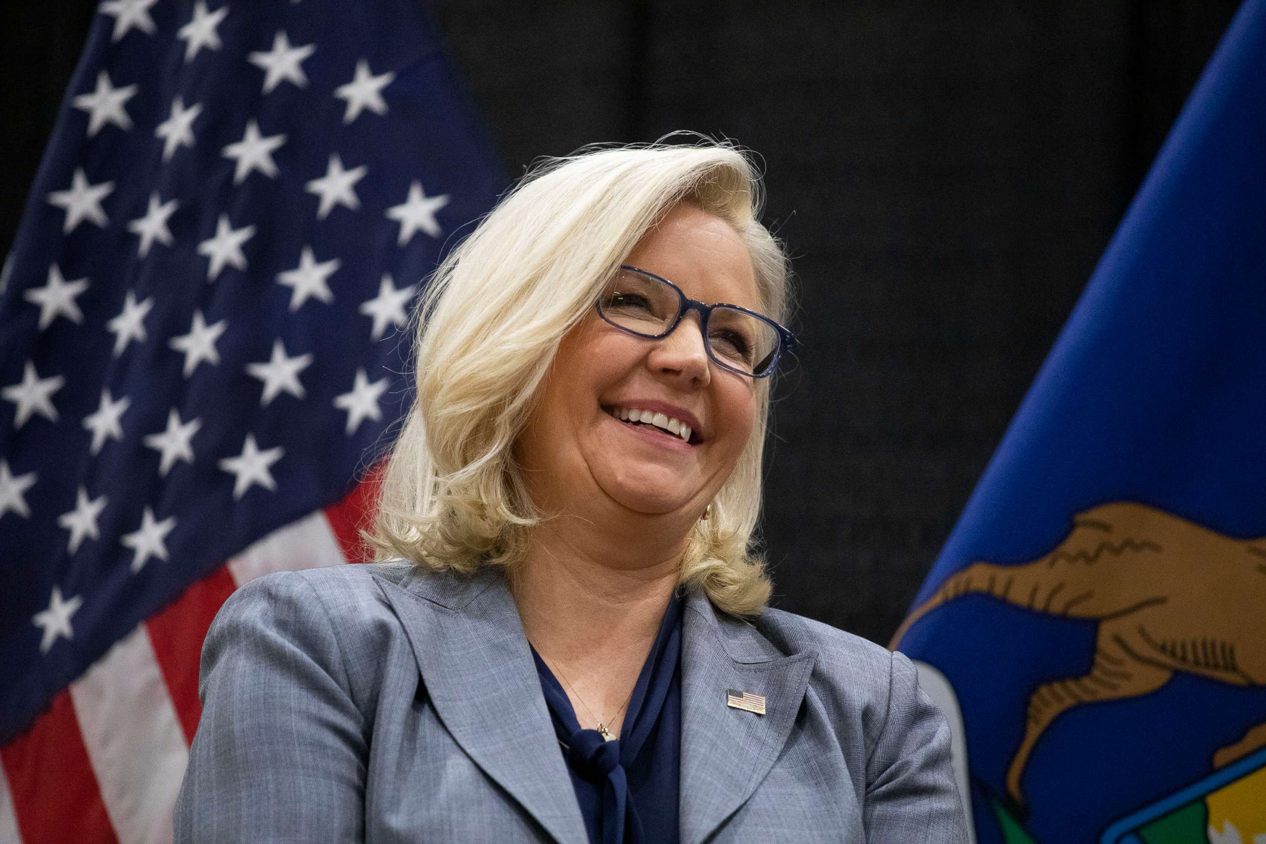 PHOTO: Rep. Liz Cheney campaigns with Democratic Rep. Elissa Slotkin at an Evening for Patriotism and Bipartisanship event on Nov. 1, 2022, in East Lansing, Mich.