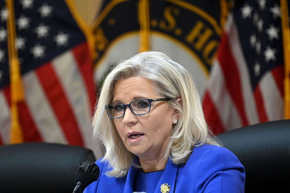 PHOTO: Representative Liz Cheney speaks during a hearing of the House Select Committee to Investigate the January 6 attack on the US Capitol, at the Cannon House office building on Capitol Hill, in Washington, DC , June 9, 2022.