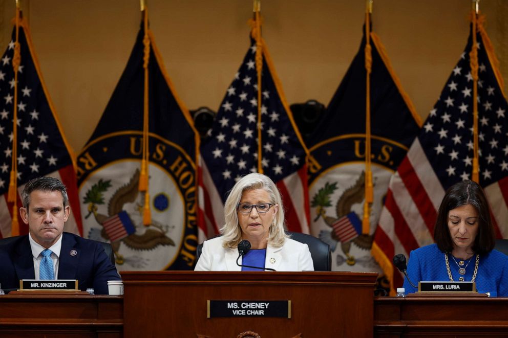 Rep. Liz Cheney, center, presides over a hearing of the House Select Committee to Investigate the January 6th Attack on the U.S. Capitol with Rep. Adam Kinzinger and Rep. Elaine Luria in the Cannon House Office Building, July 21, 2022, in Washington.
