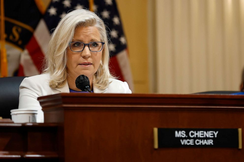 PHOTO: Rep. Liz Cheney, Vice Chairwoman of the House Select Committee to Investigate the January 6th Attack on the U.S. Capitol, delivers closing remarks during a prime-time hearing in the Cannon House Office Building on July 21, 2022, in Washington, D.C.