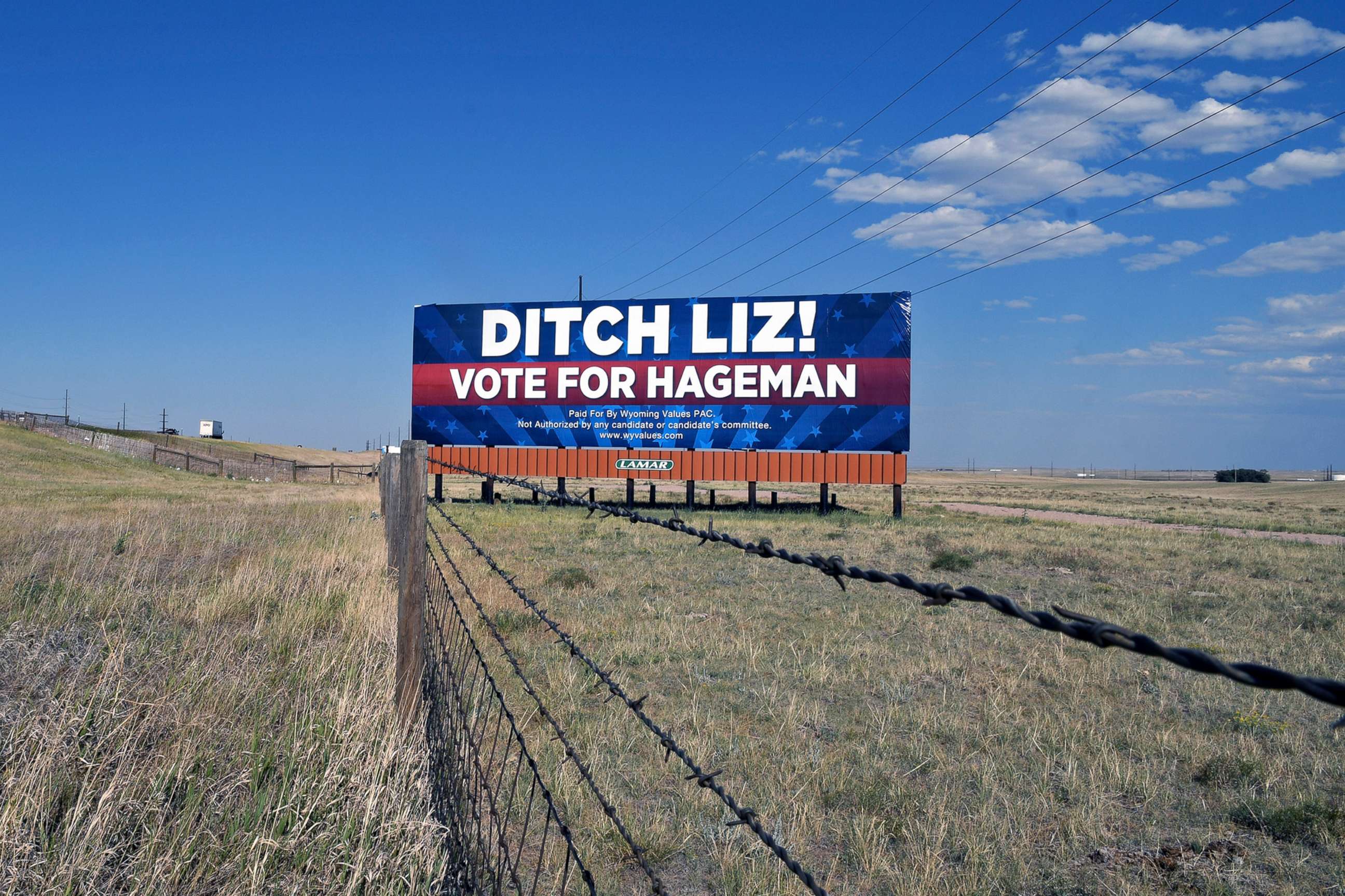 PHOTO: A billboard calls on voters to cast their ballots for Harriet Hageman, who is running against incumbent Rep. Liz Cheney in the Republican primary election outside Cheyenne, Wyo., July 19, 2022.