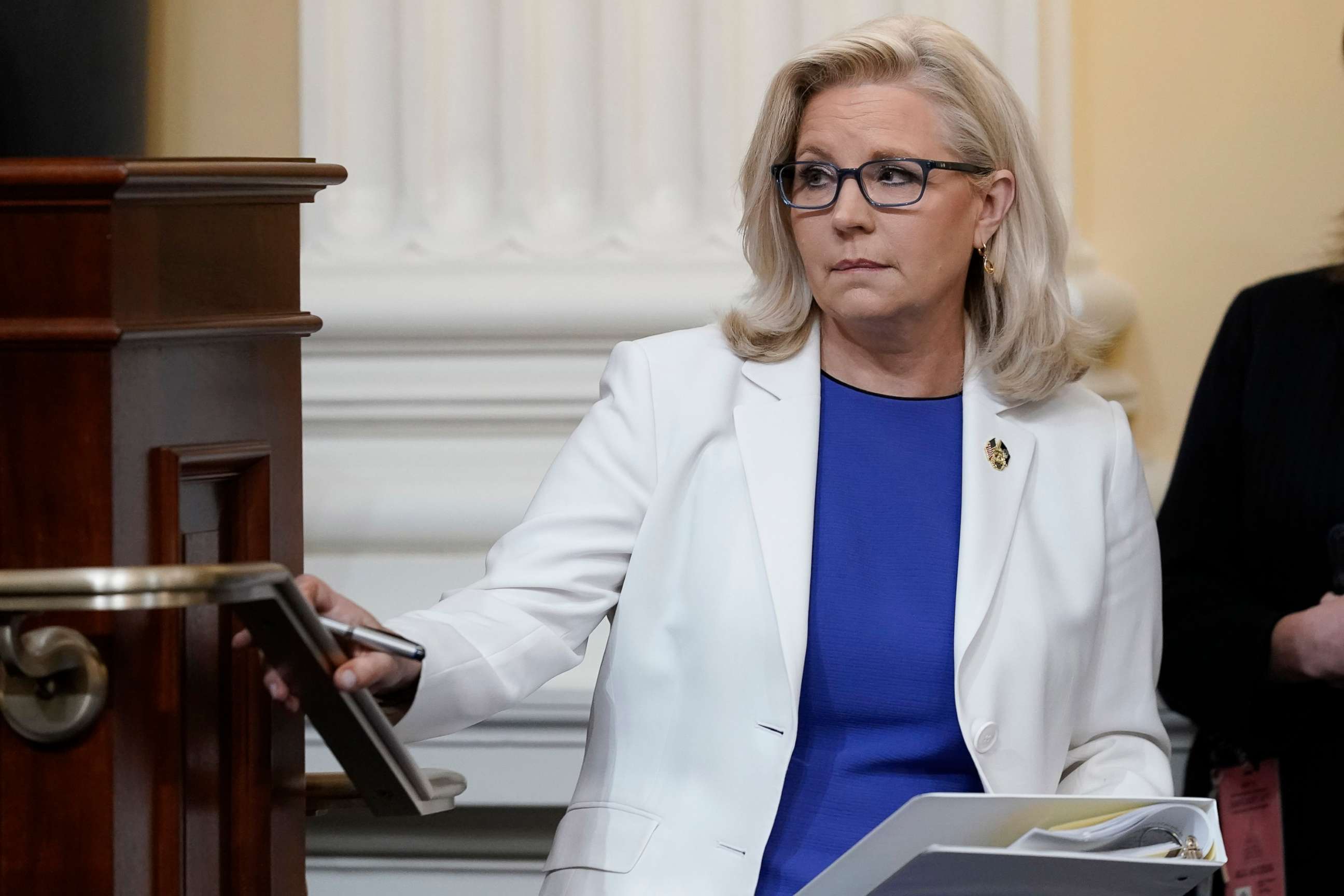 PHOTO: In this July 21, 2022, file photo, Vice Chair Liz Cheney arrives after a break as the House select committee investigating the Jan. 6 attack on the U.S. Capitol holds a hearing at the Capitol in Washington, D.C.