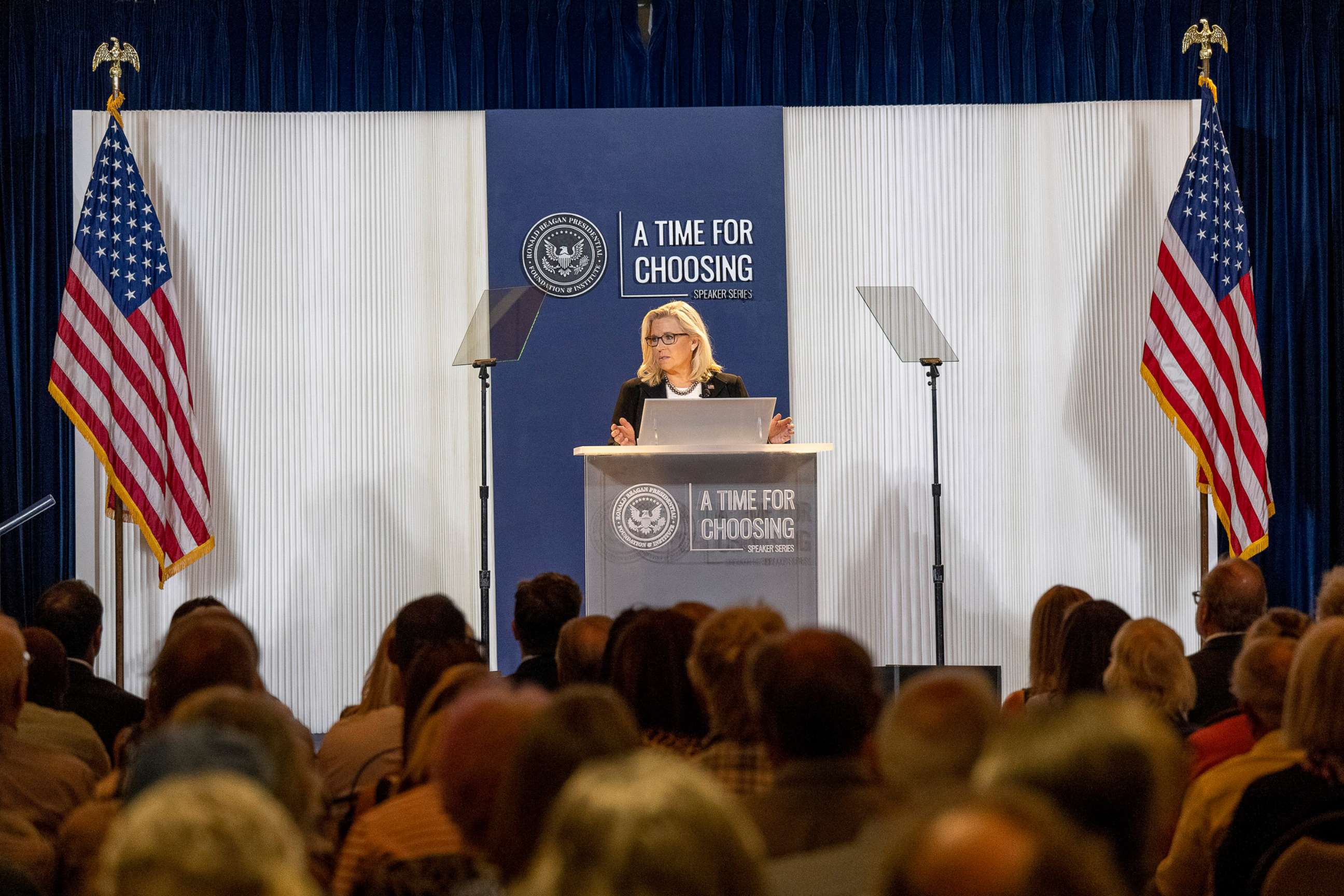 PHOTO: Congresswoman Liz Cheney speaks at the Ronald Reagan Presidential Library in Simi Valley, Calif., June 29, 2022.