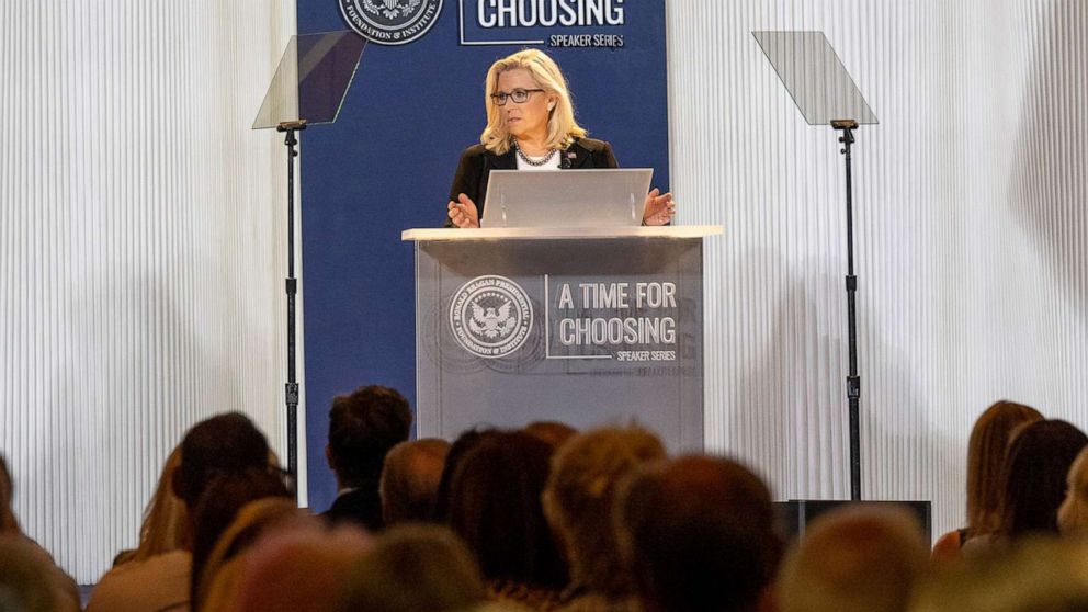 PHOTO: Congresswoman Liz Cheney speaks at the Ronald Reagan Presidential Library in Simi Valley, Calif., June 29, 2022.