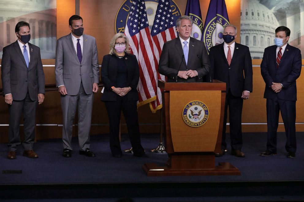 PHOTO: Rep. Mike Johnson, Rep. Richard Hudson, Rep. Liz Cheney, House Minority Leader Kevin McCarthy, Rep. Steve Scalise and Rep. Gary Palmer talk to reporters at the U.S. Capitol on Nov. 17, 2020, in Washington.