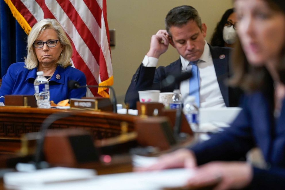 PHOTO: Rep. Liz Cheney and Rep. Adam Kinzinger listen as Rep. Elaine Luria speaks during the House Select Committee investigating the January 6 attack on the U.S. Capitol on July 27, 2021, in Washington, D.C.